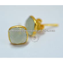Natural Aqua Calcedonia Bezel Brinco, Atacado Vermeil Gold Gemstone Bezel Stud Earrings Jóias Fabricante